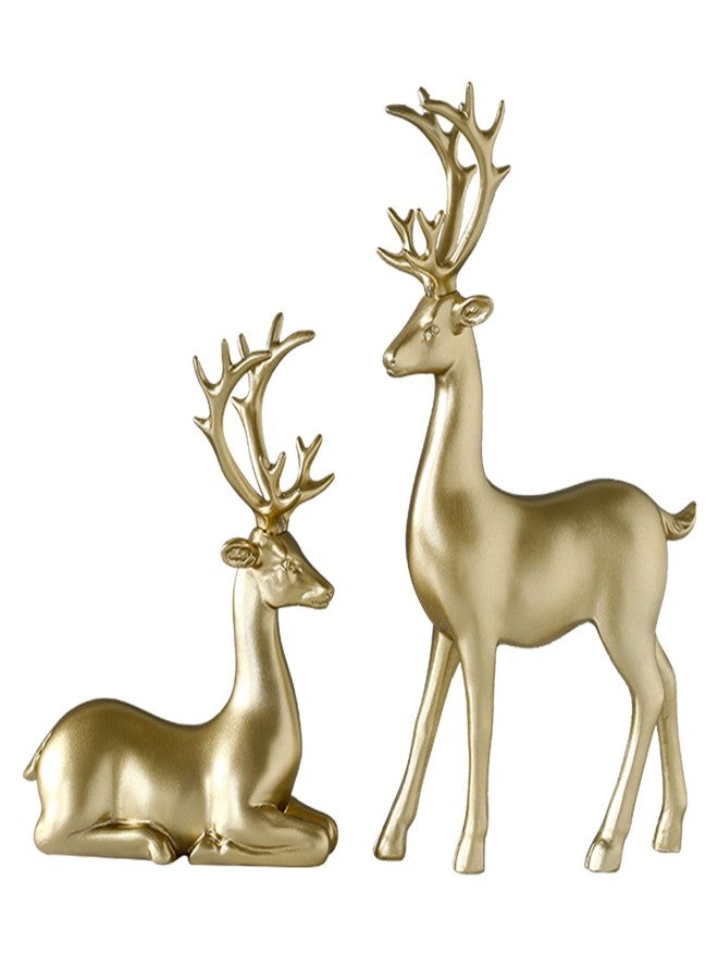 BULINGNA 2Pcs Christmas Reindeer Figurines, Resin Elk Sculpture Miniature Figurine Xmas Deer Statue Artificial Animal Crafts Home Decoration Ornament (Solid Gold) - Image 1